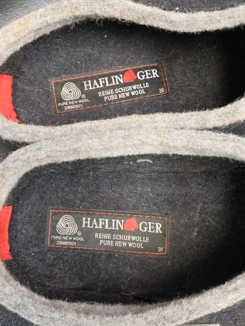 Haflinger Woen's Dark Gray Wool Slip-On Loafers with Red Accent